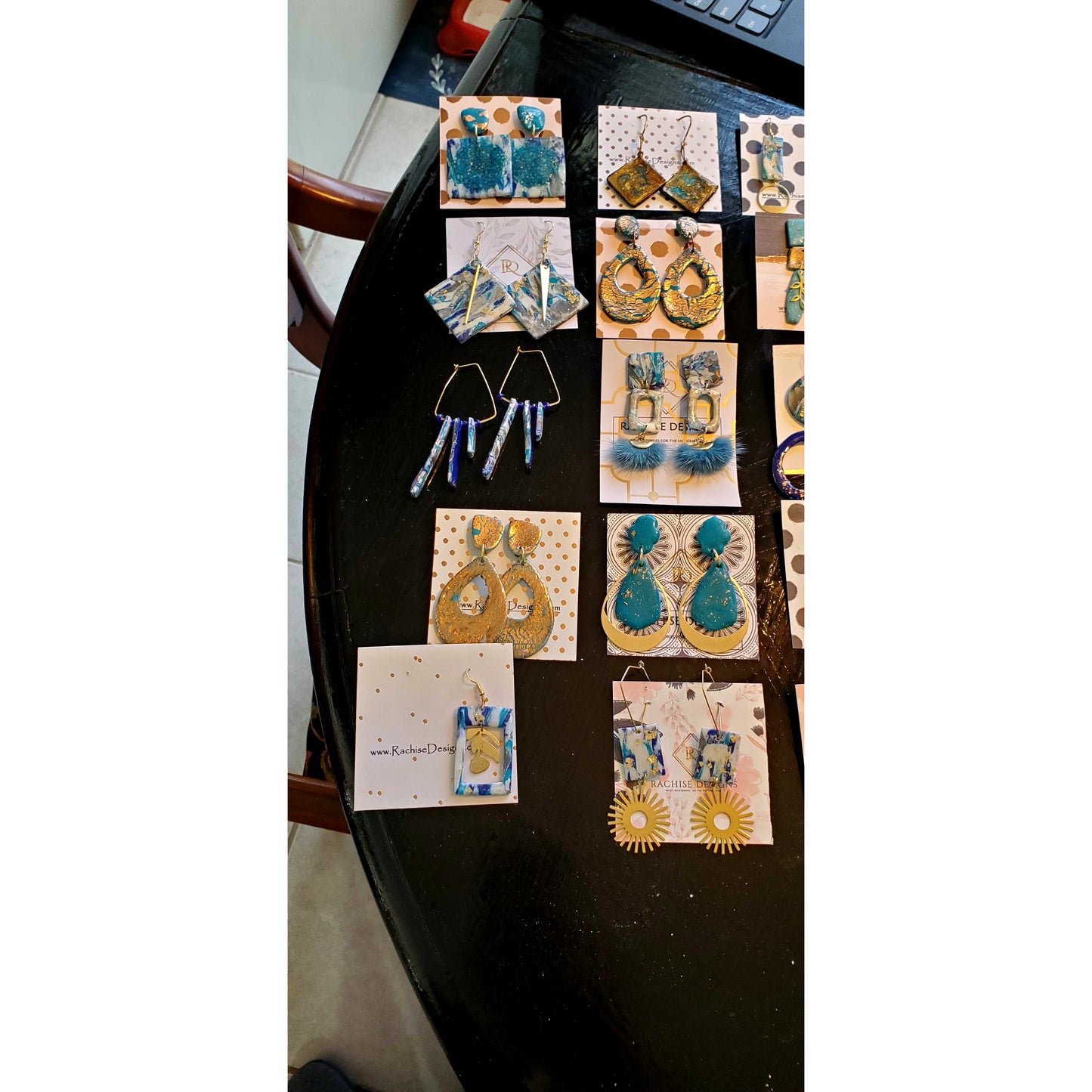 Teal blue and brass drop earrings