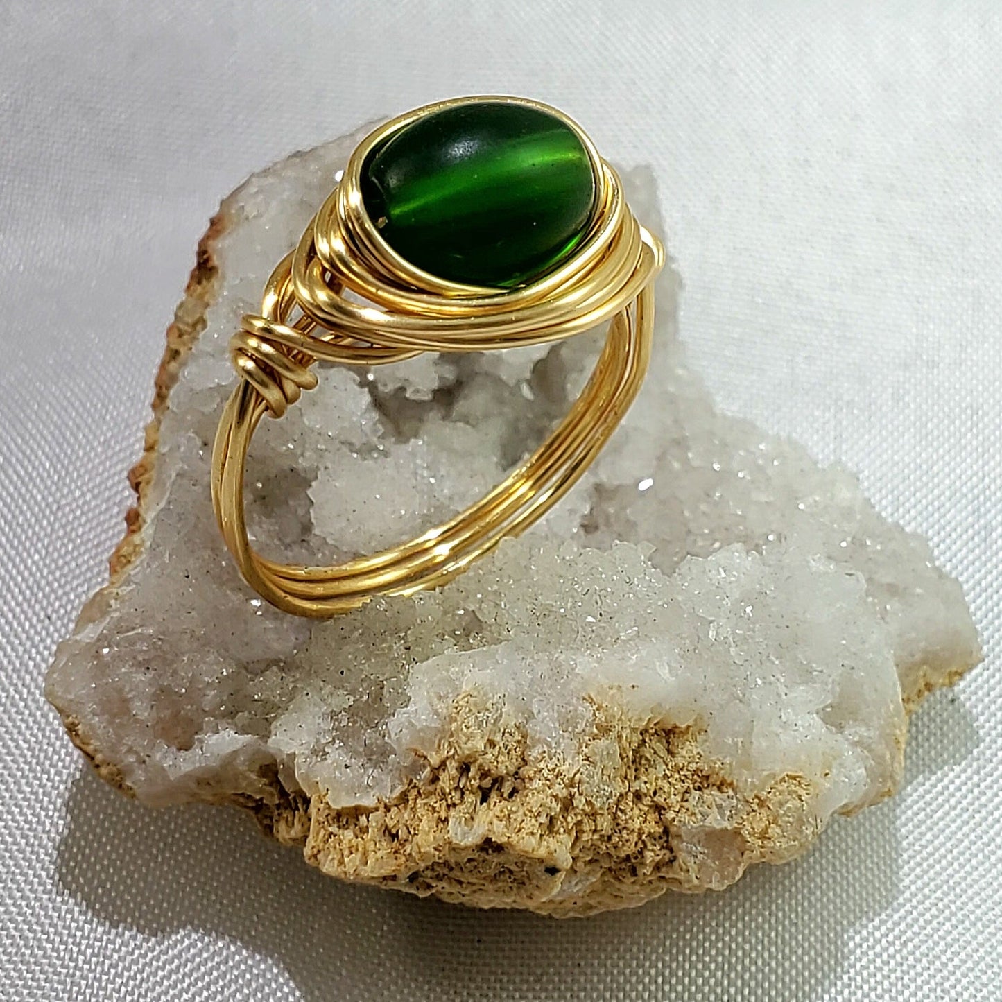 Emerald Green Gold Wire Wrapped Ring