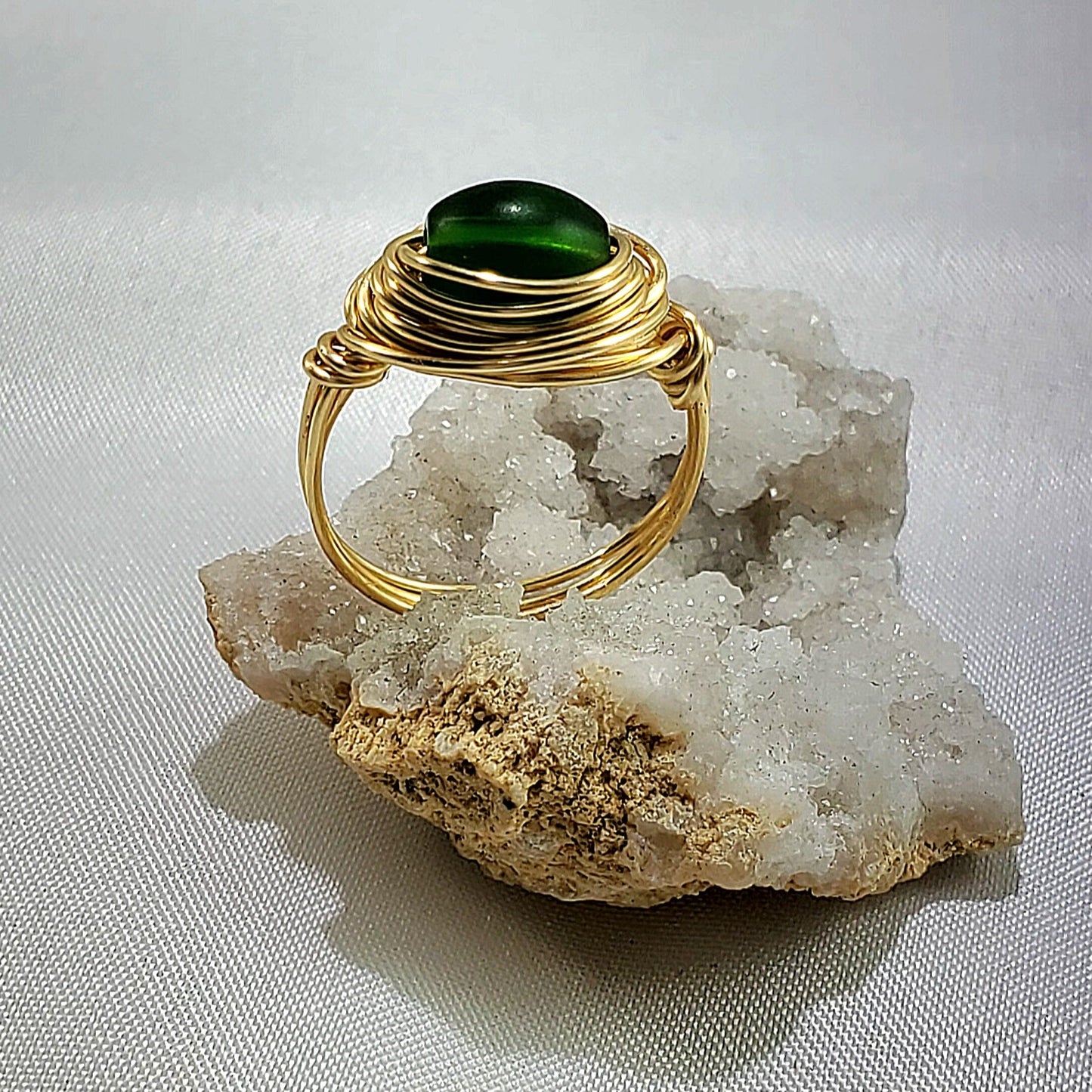 Emerald Green Gold Wire Wrapped Ring