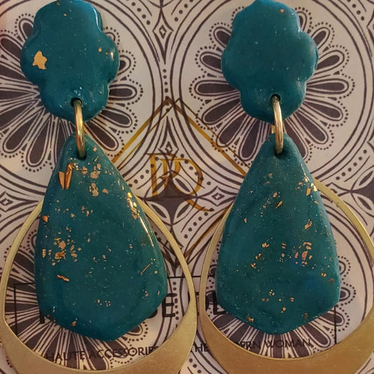 Teal blue and brass drop earrings