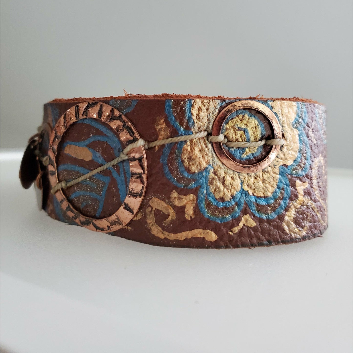 Hand Painted Leather Bracelet with Copper Rings