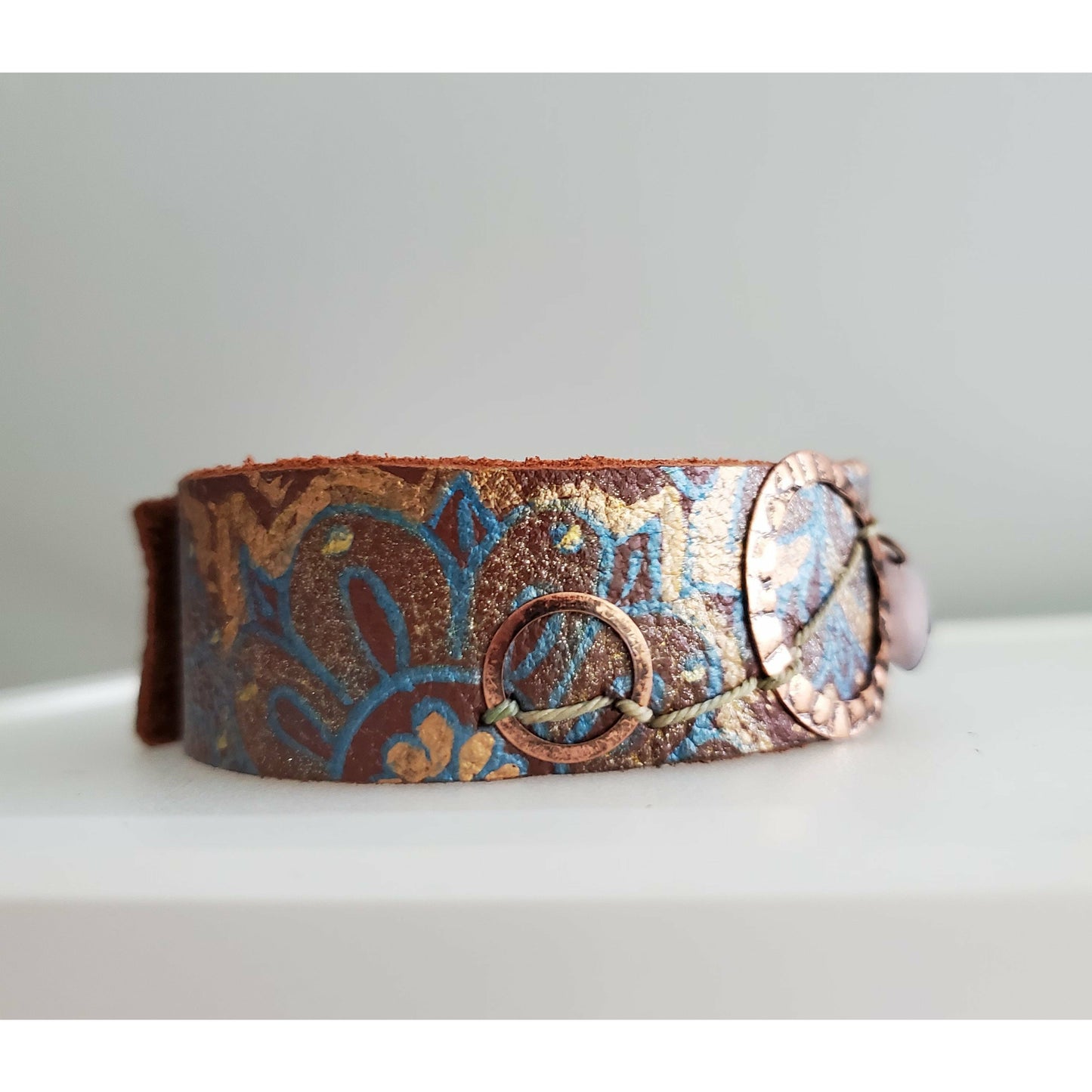 Hand Painted Leather Bracelet with Copper Rings