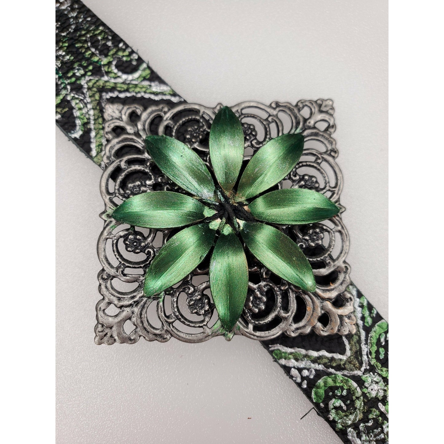 Green and Silver Black Leather Band Bracelet