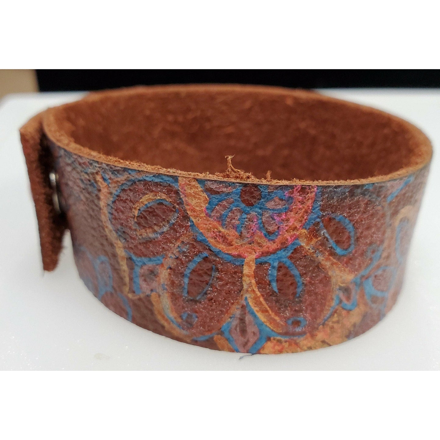 Pink and Blue Hand Painted Leather Bracelet