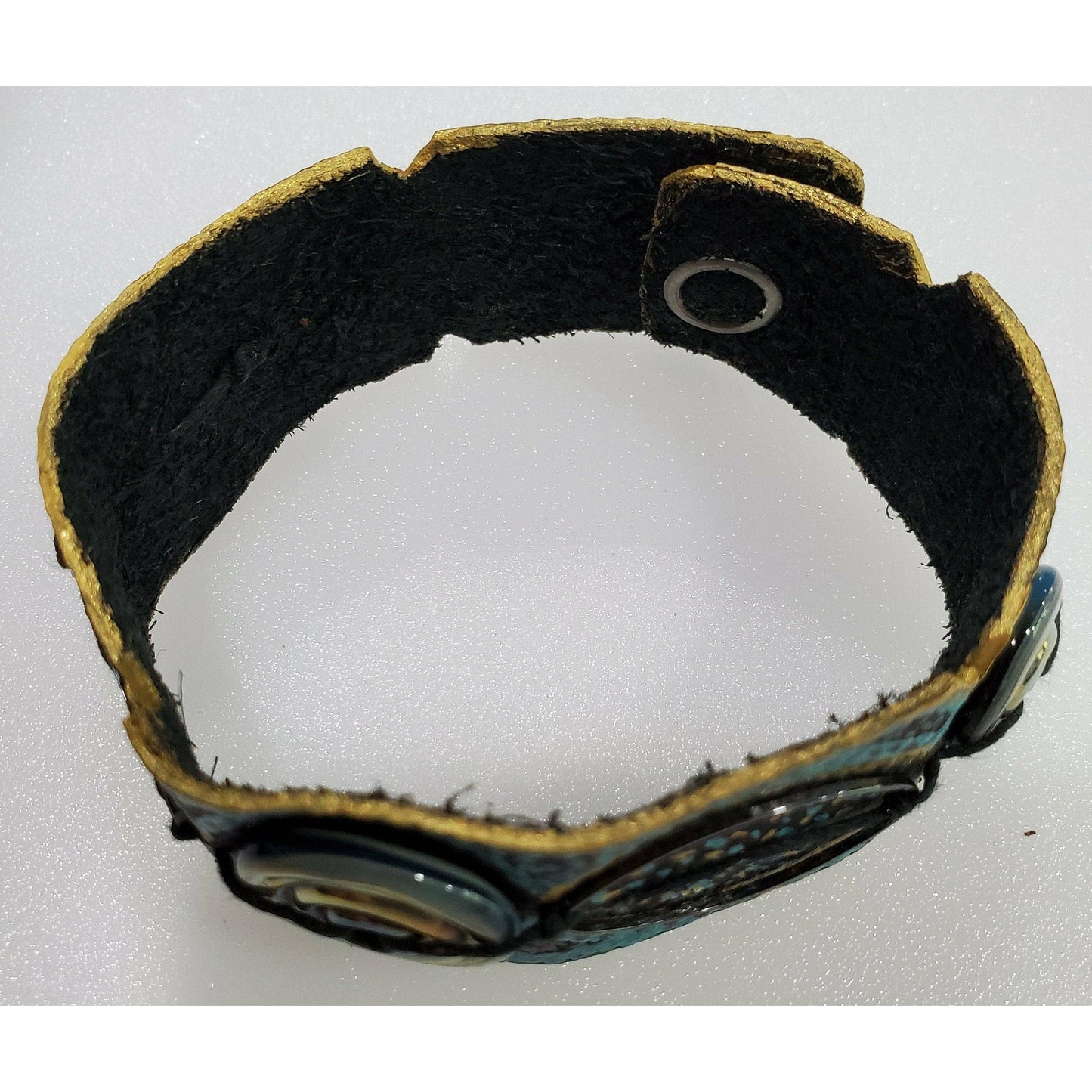 Teal and Gold Hand Painted Leather Bracelet