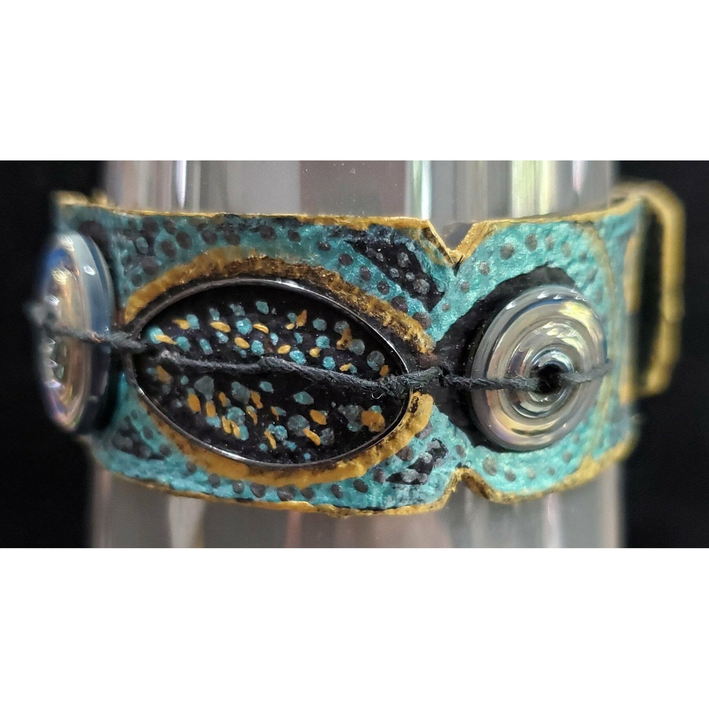 Teal and Gold Hand Painted Leather Bracelet